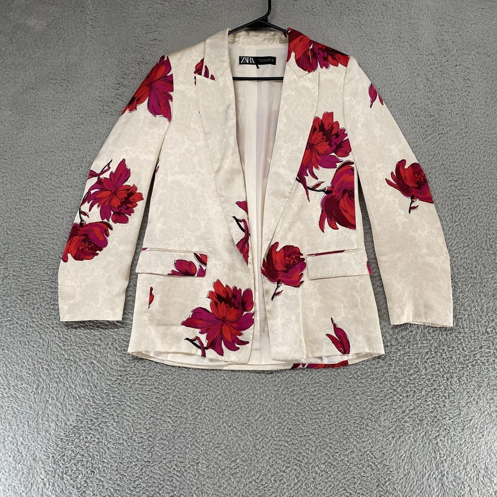 Zara Floral‎ Print Satin Effect Blazer Womens Large Cream Pink Open Front Jacket - Picture 2 of 14